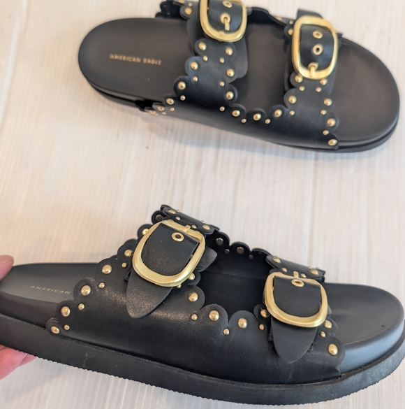 AMERICAN EAGLE Women's Gold Studded Double-Buckle Black Slide Sandals Size 9 - Picture 2 of 10